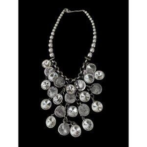 Vintage VCLM Necklace Silver Tone Crystals & Hammered Disks 14" Drop